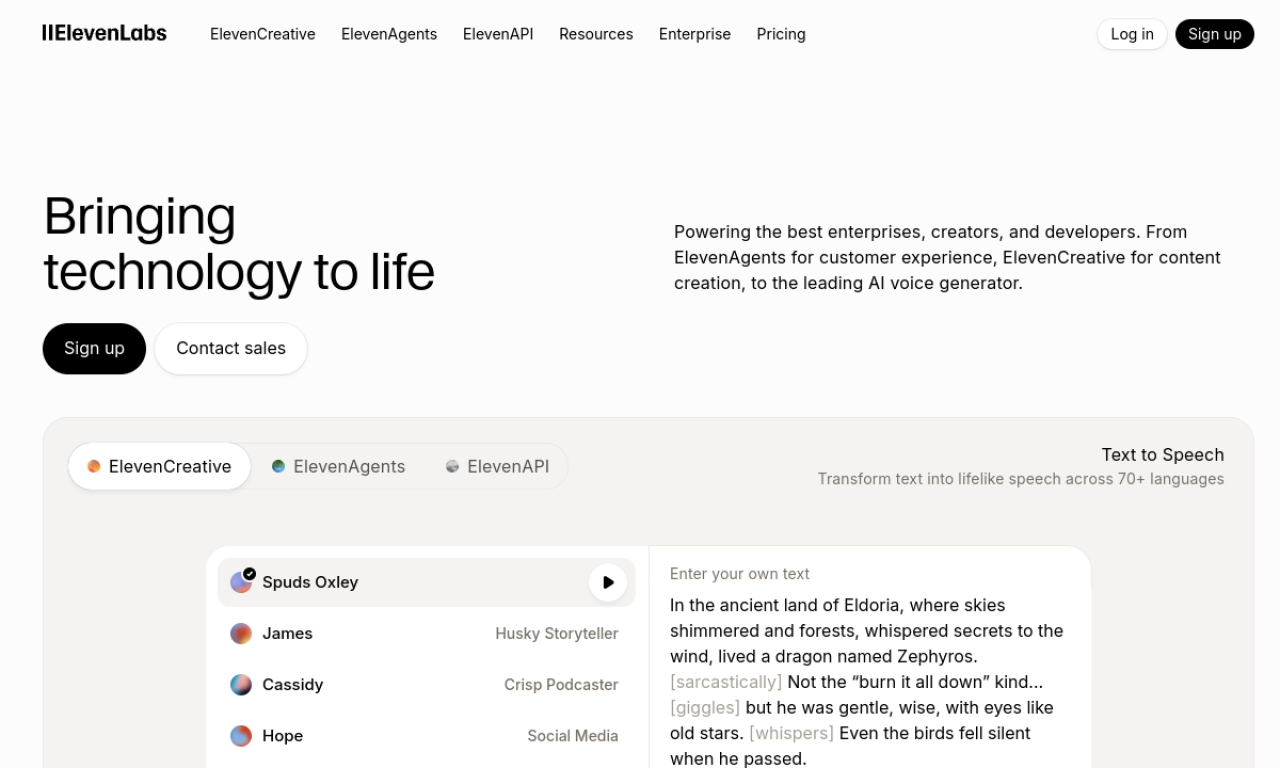 ElevenLabs interface screenshot - Most realistic AI voices