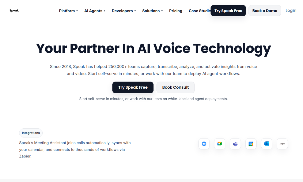 Speak AI interface screenshot - Transcription and analysis workspace